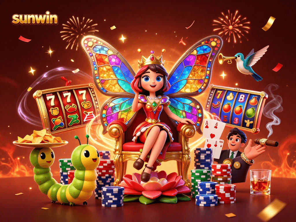 Experience excitement with sunwin's 3D illustration showing a colorful butterfly queen amid slot reels and dazzling chips.