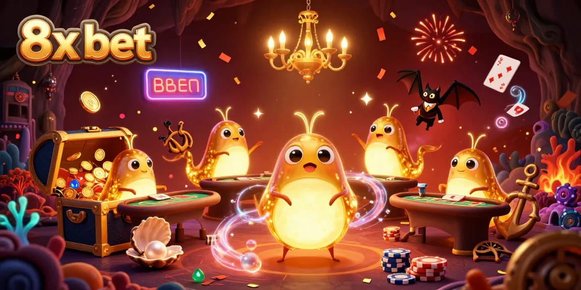 Experience the vibrant 8x bet casino scene, featuring glowworms illuminating a colorful gaming environment.