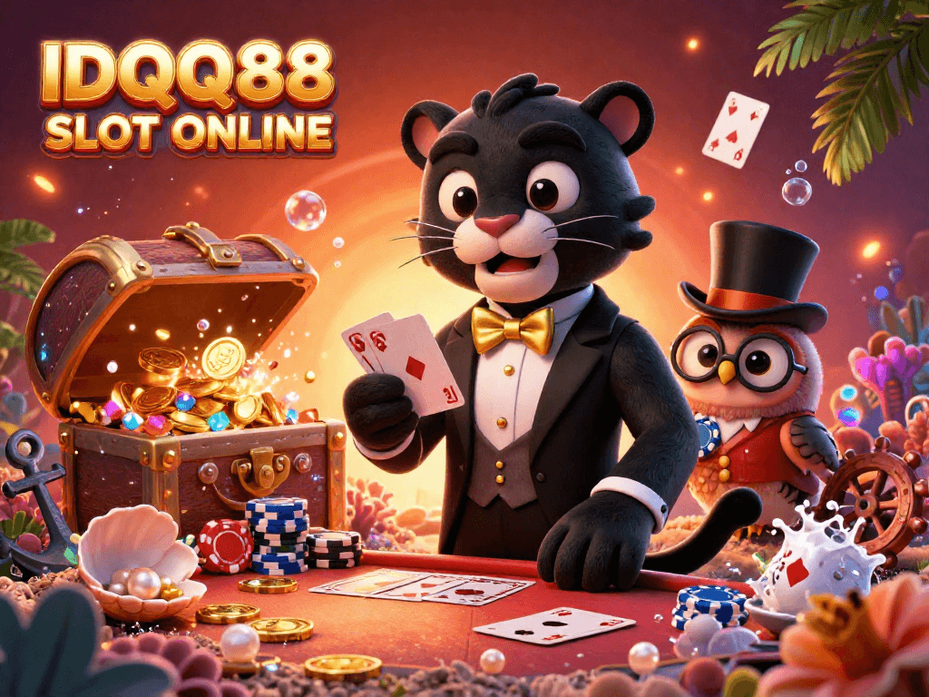 Experience excitement with IDQQ88 SLOT ONLINE as a stylish black panther deals cards in a vibrant casino scene filled with gold coins and underwater treasures.