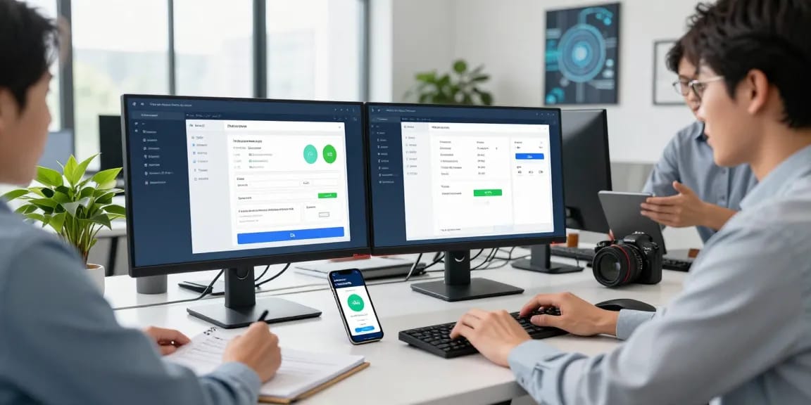 IT professional utilizing an age verification system in a modern office, showcasing integration with software interfaces and collaborative workspace.