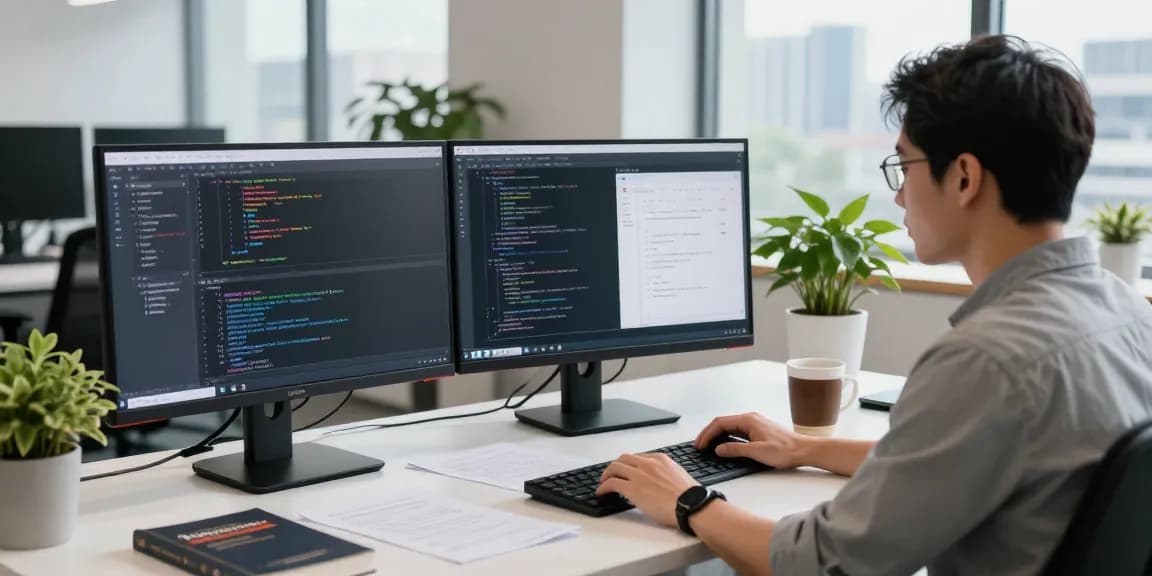 Developer coding in modern workspace using telegramin-cn.com for app development.