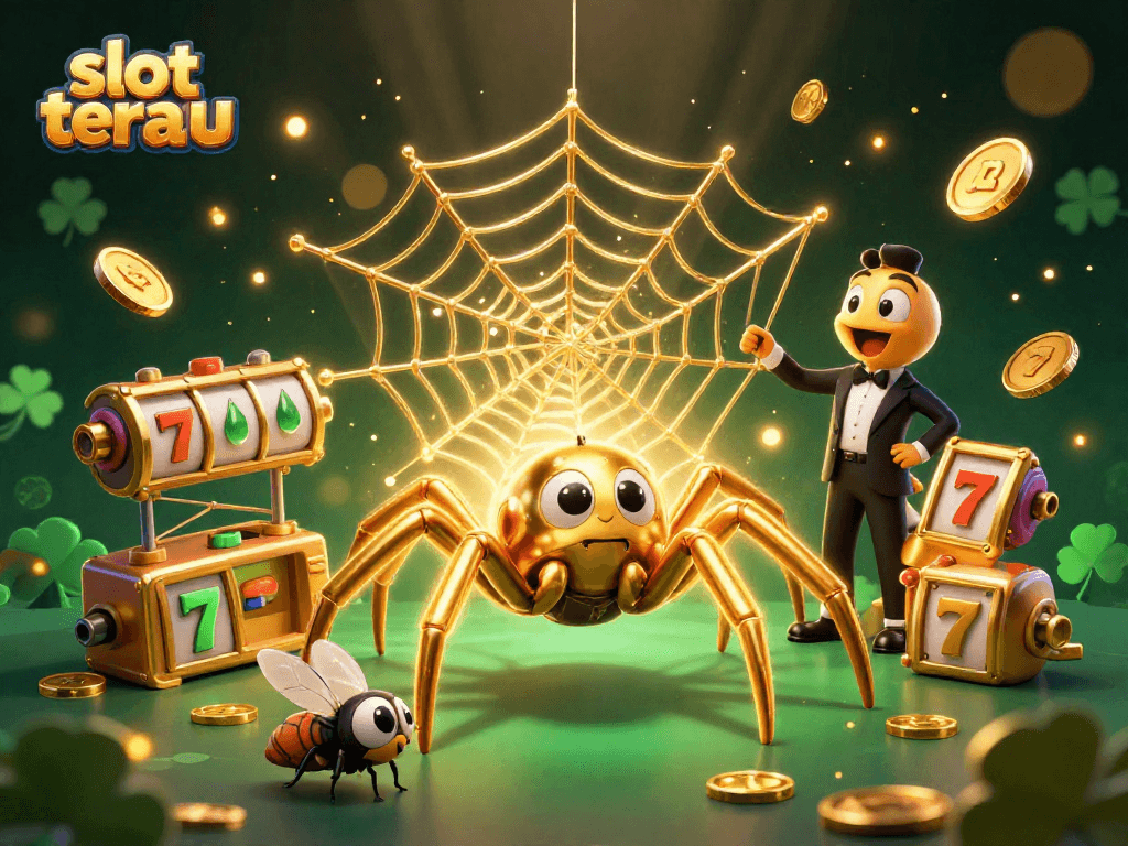 Experience the excitement of slot terbaru with dynamic visuals of a golden spider and vibrant casino elements.