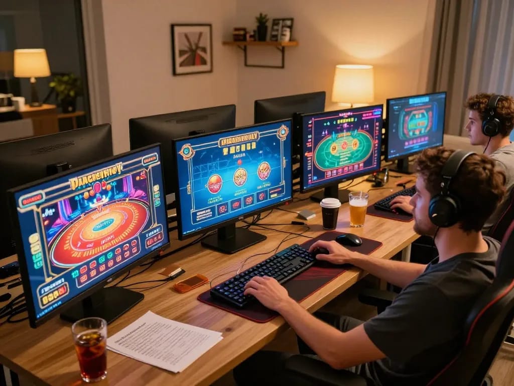 Engaged player strategizing while gaming on uu88 online platform with multiple screens and notes.