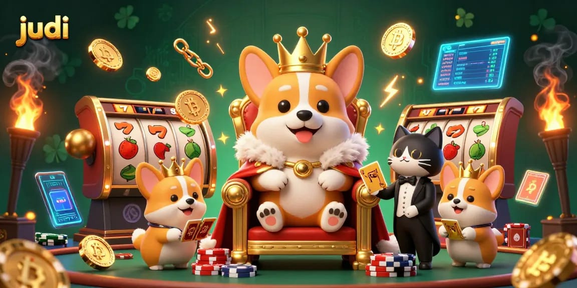 Play judi slots and discover a lively vibrant scene with animated corgis and poker tokens for thrills.