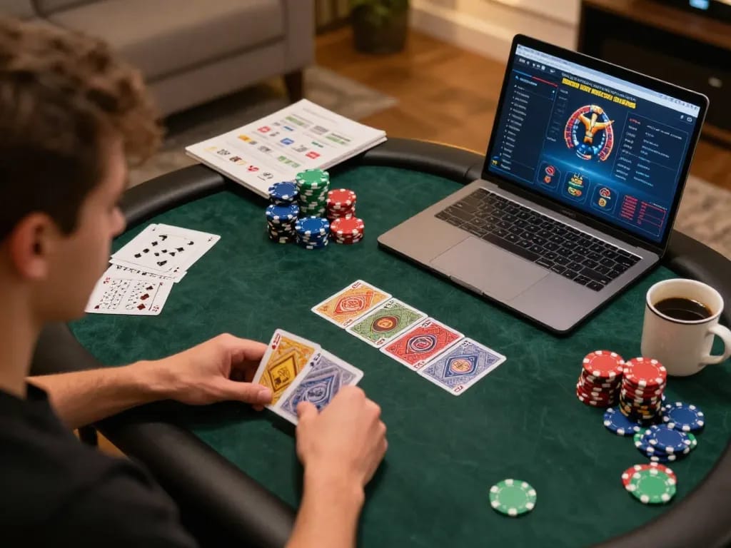 Experience the thrill of poker gameplay at MM88 TODAY with a focused player analyzing their winning hand.