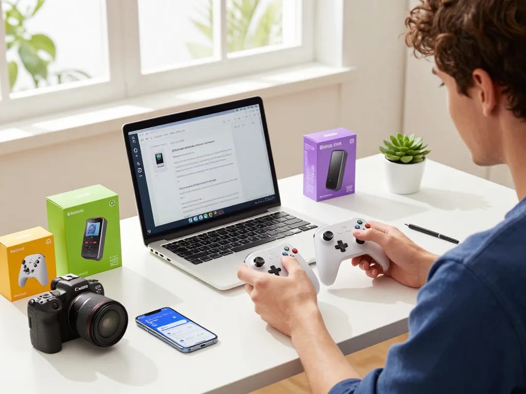 Exploring cool tech gadgets under $103 in a modern workspace with Bluetooth devices and engaging reviews.