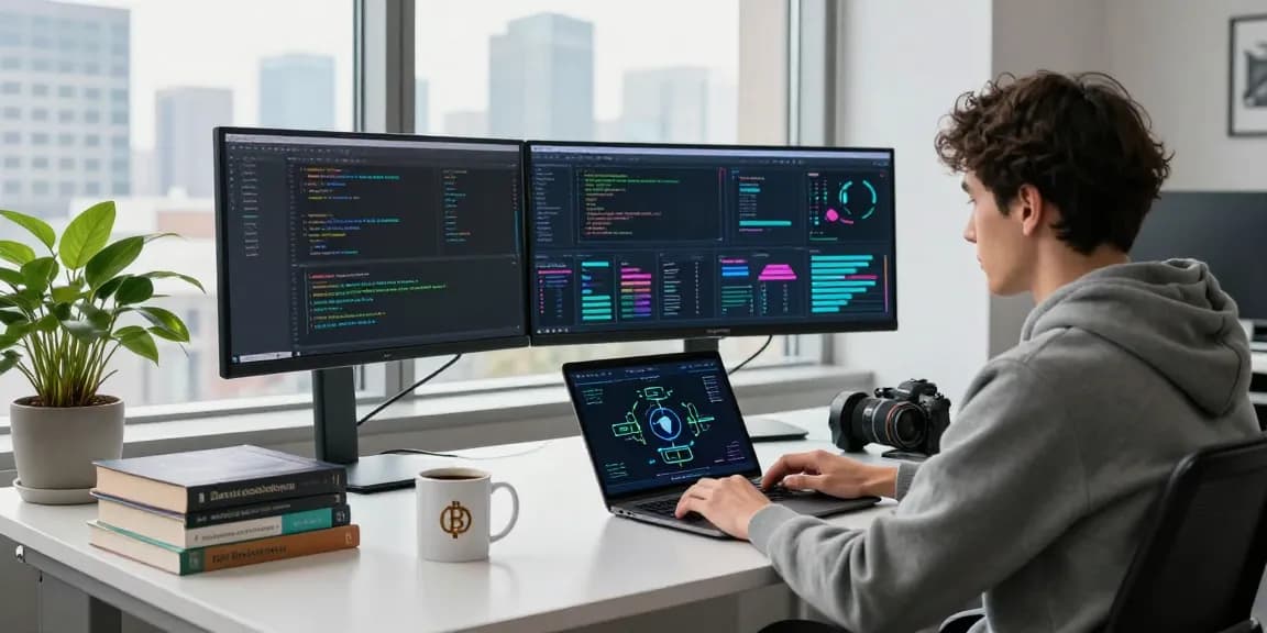 Developer using acrossprotocol in a modern tech workspace with cryptocurrency visuals.