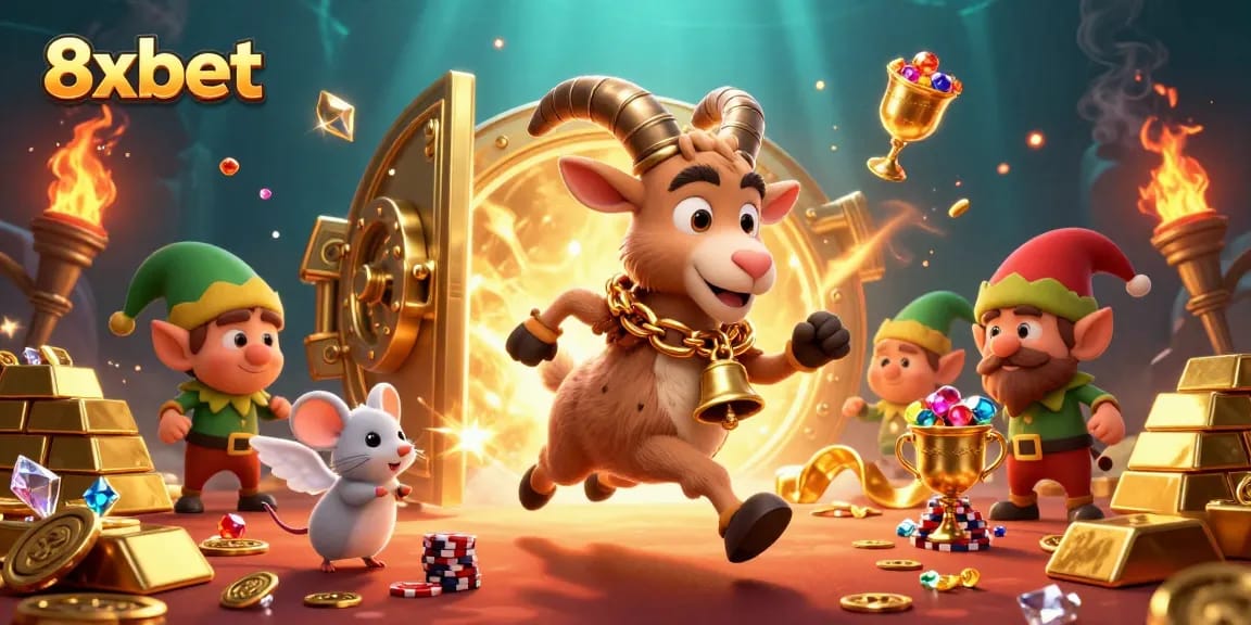Engage with thrilling 8xbet casino action featuring playful characters in a vibrant gaming scene.