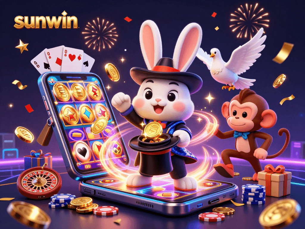 Celebrate wins at sunwin with a magician rabbit, coins, and gaming action in a vibrant casino scene.