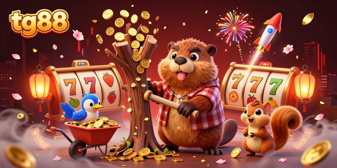 Tg88 online casino scene showcasing a beaver collecting golden coins, vibrant slot reels, and dynamic fireworks for a thrilling experience.