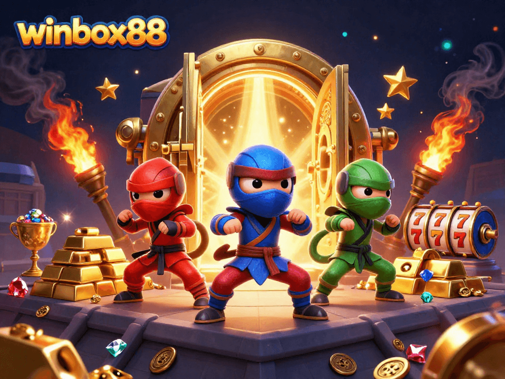 Winbox88's vibrant 3D illustration of ninja chameleons amidst treasure, emphasizing gaming excitement.
