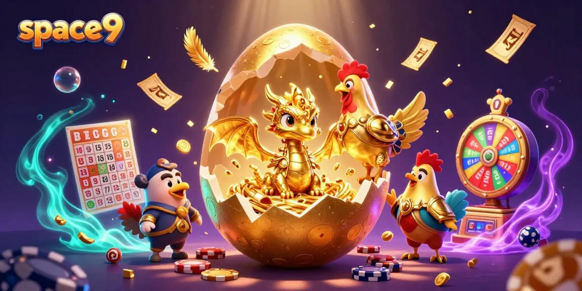 Experience space9 with a crystal gold dragon on poker chips, surrounded by dynamic gaming elements.
