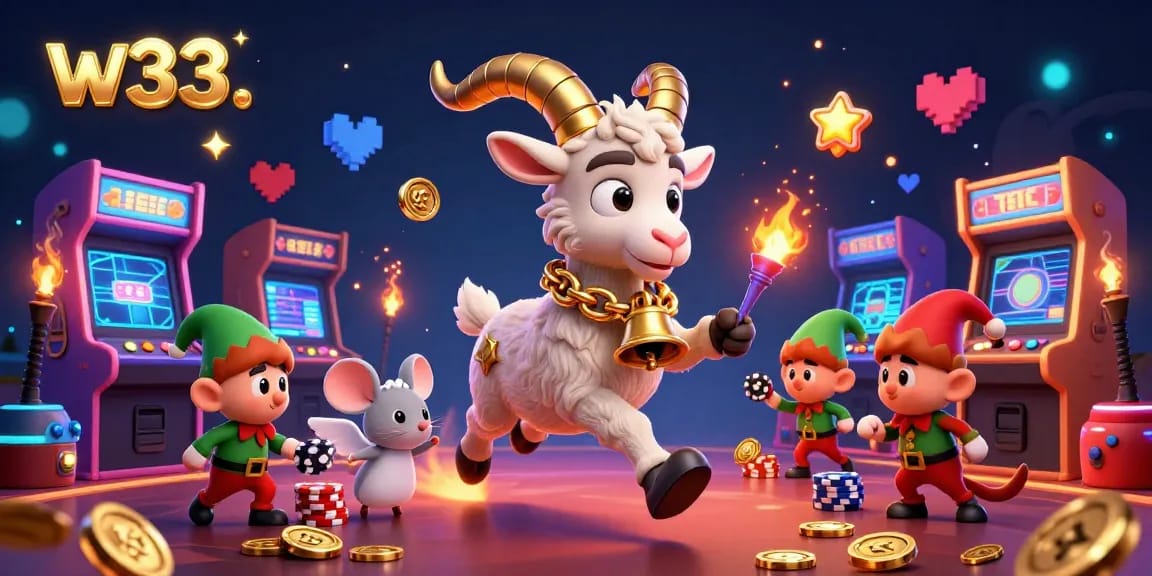 Experience festive gaming at w33 with Krampus and playful elves stealing chips amidst colorful arcade elements.