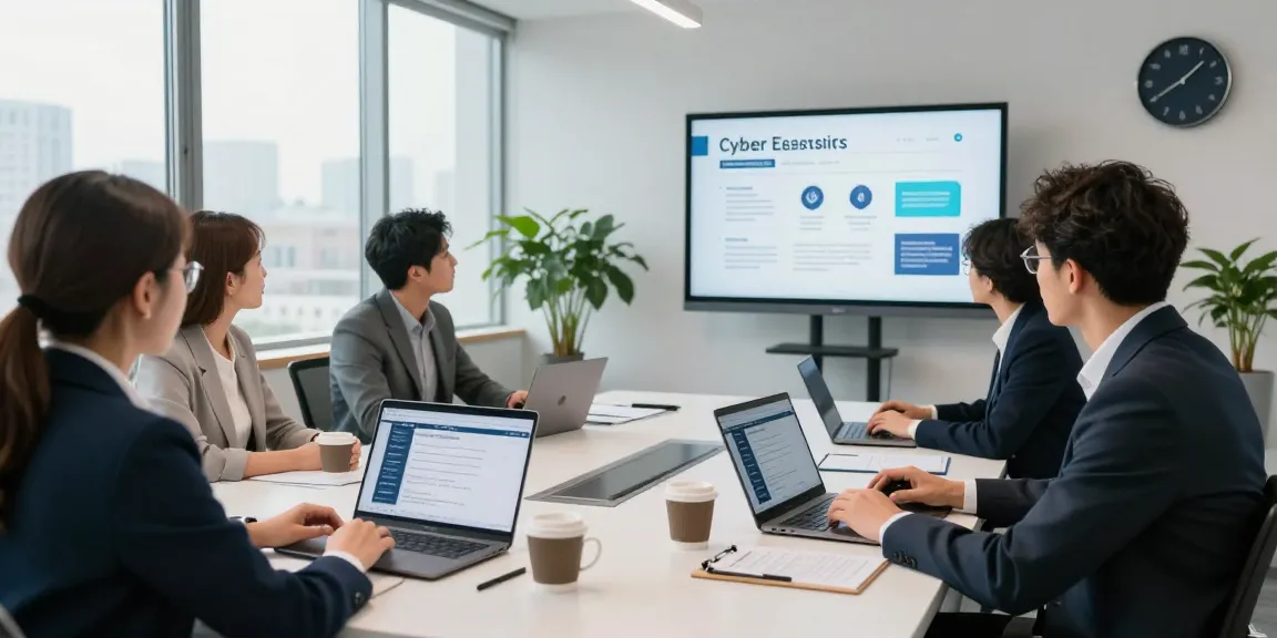 Cybersecurity professionals in a modern office displaying cybersmart compliance strategies during a team meeting.