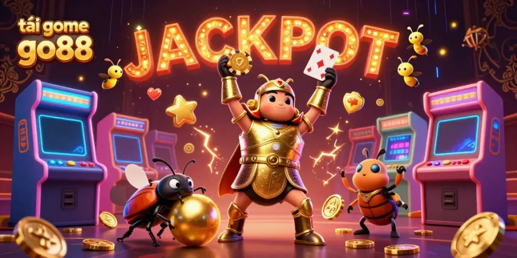Experience the excitement of tải game go88 with vibrant visuals and a triumphant beetle character.