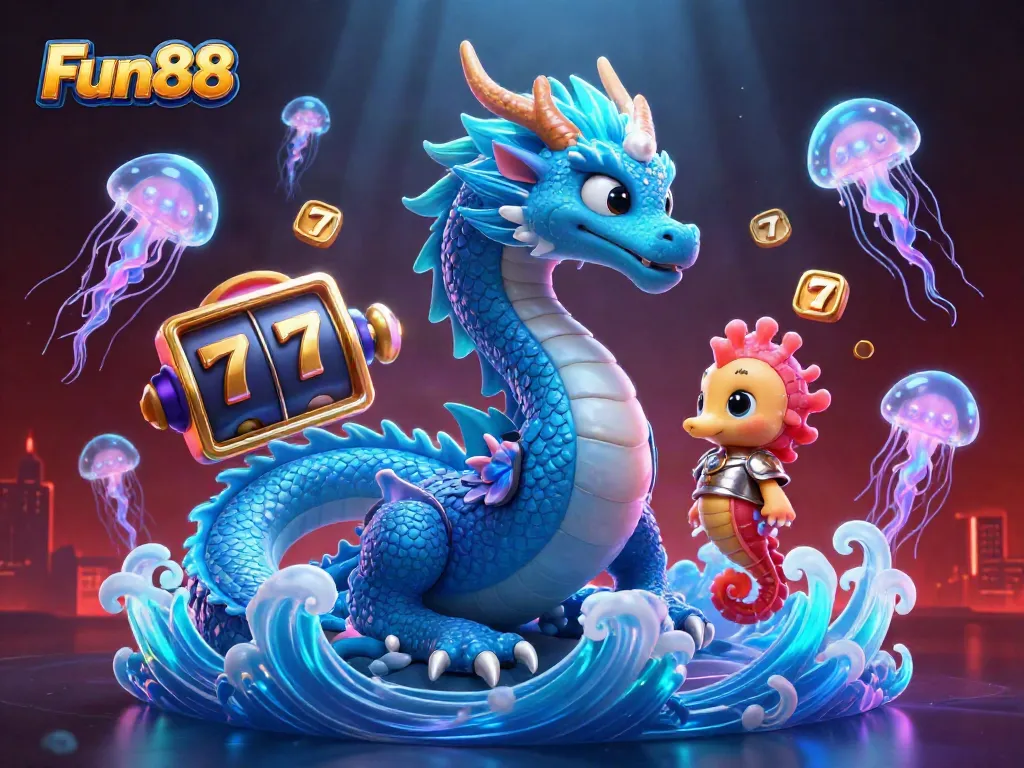 Engage with Fun88's vibrant gaming experience featuring spinning slot reels and dynamic characters.