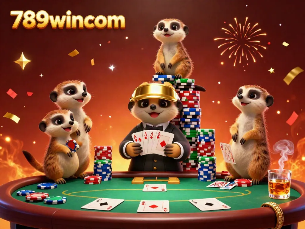 Engage with thrilling poker action at 789wincom, featuring cartoon meerkats in a vibrant casino scene.
