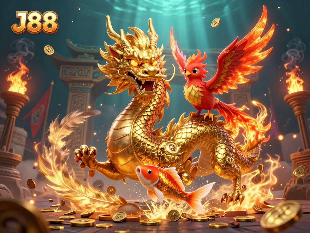 Engage in winning strategies at J88, featuring a fierce dragon and phoenix amidst a lucky coin shower.