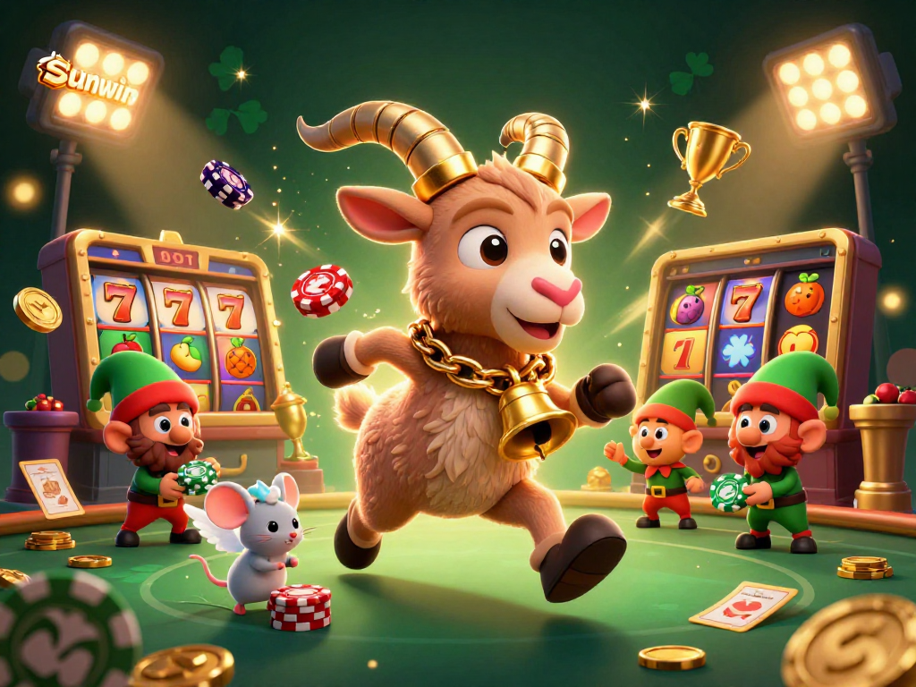Experience exciting gaming action at sunwin with festive characters in a vibrant casino scene.