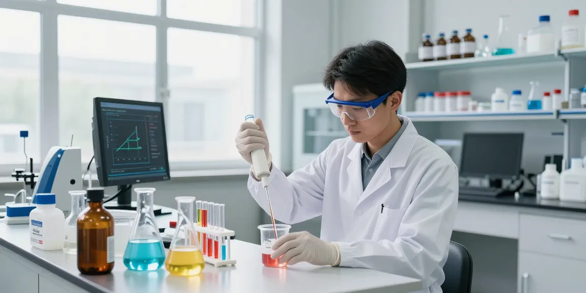 Ozon Chemical lab technician conducting quality experiments with chemical reagents.