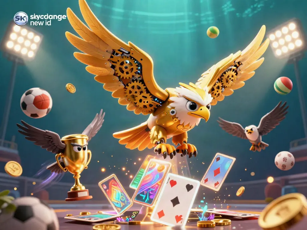 Engage with the exciting world of skyexchange new id as a golden eagle dives through holographic cards and sports elements.