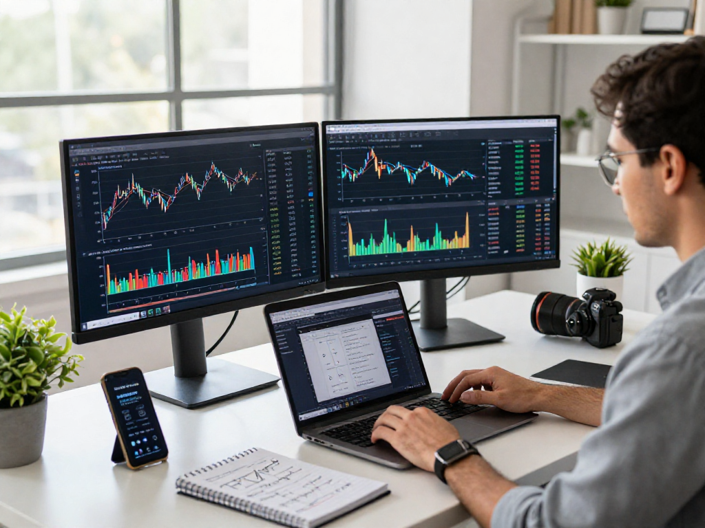 Financial analyst in modern workspace analyzing trang chủ debet trends with dual monitors and charts