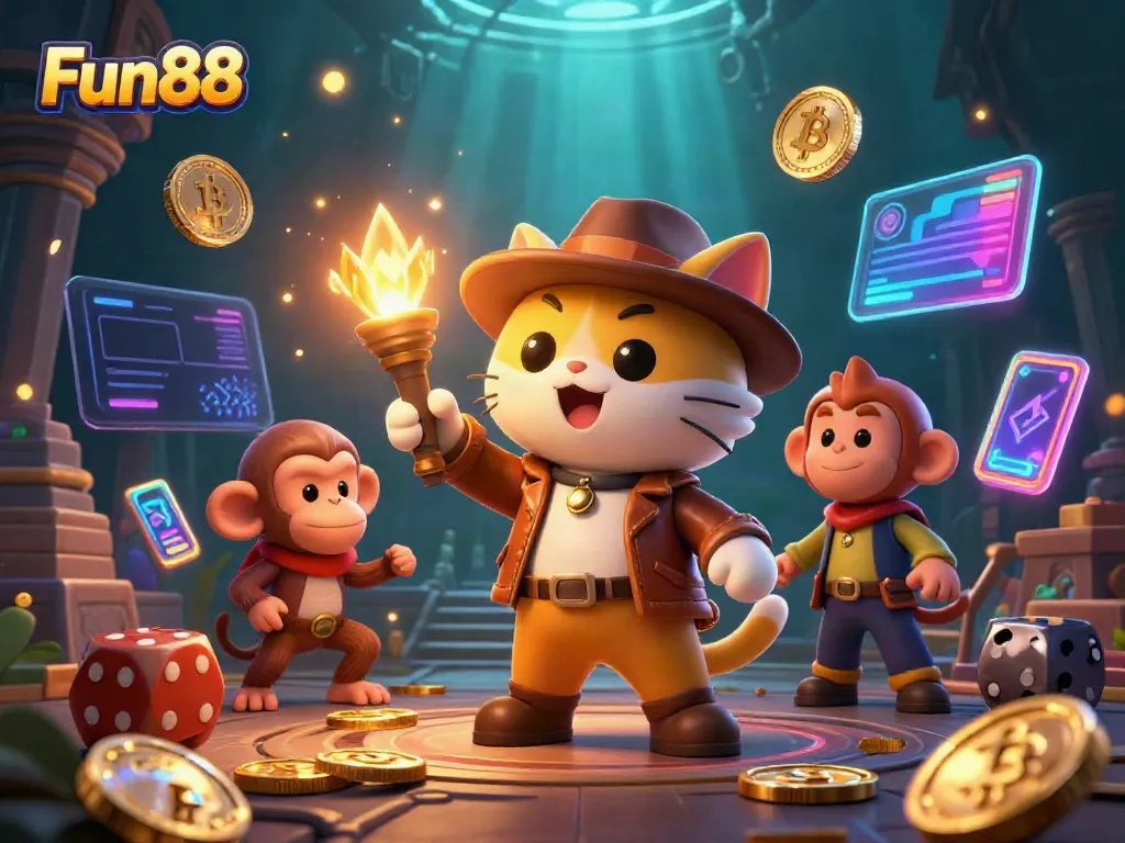 Experience Fun88 in a vibrant casino adventure with a cat archaeologist and treasure hunting monkey.