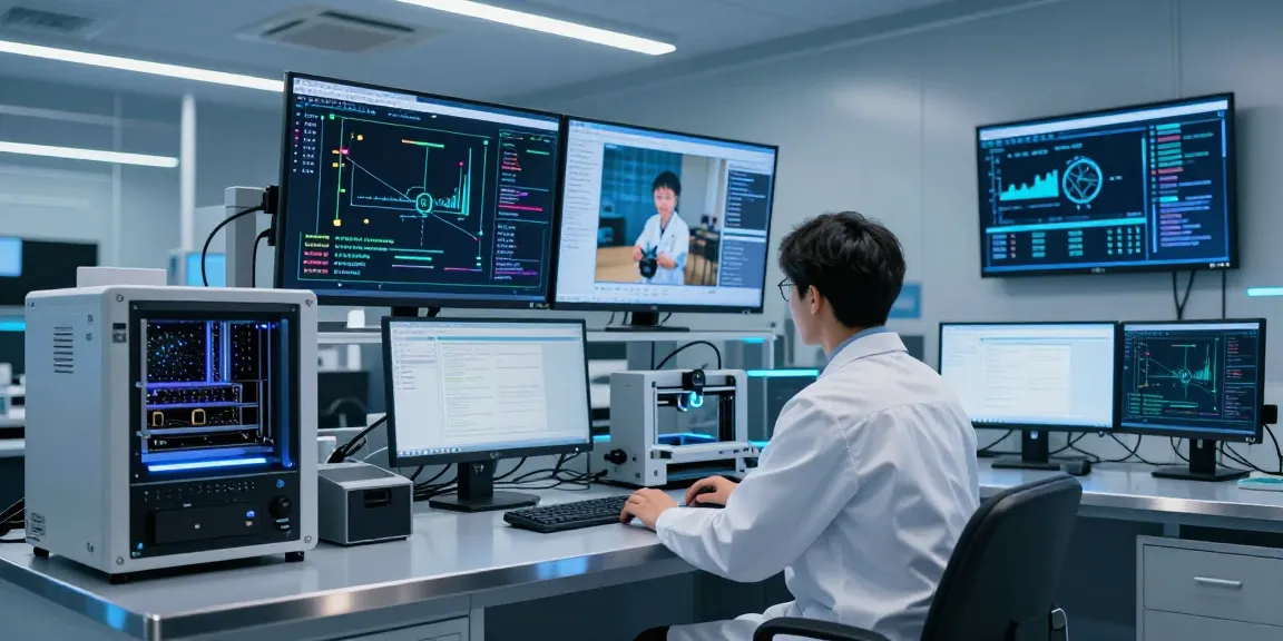 Data scientist using an ai image detector in a high-tech lab analyzing AI-generated images with multiple screens.
