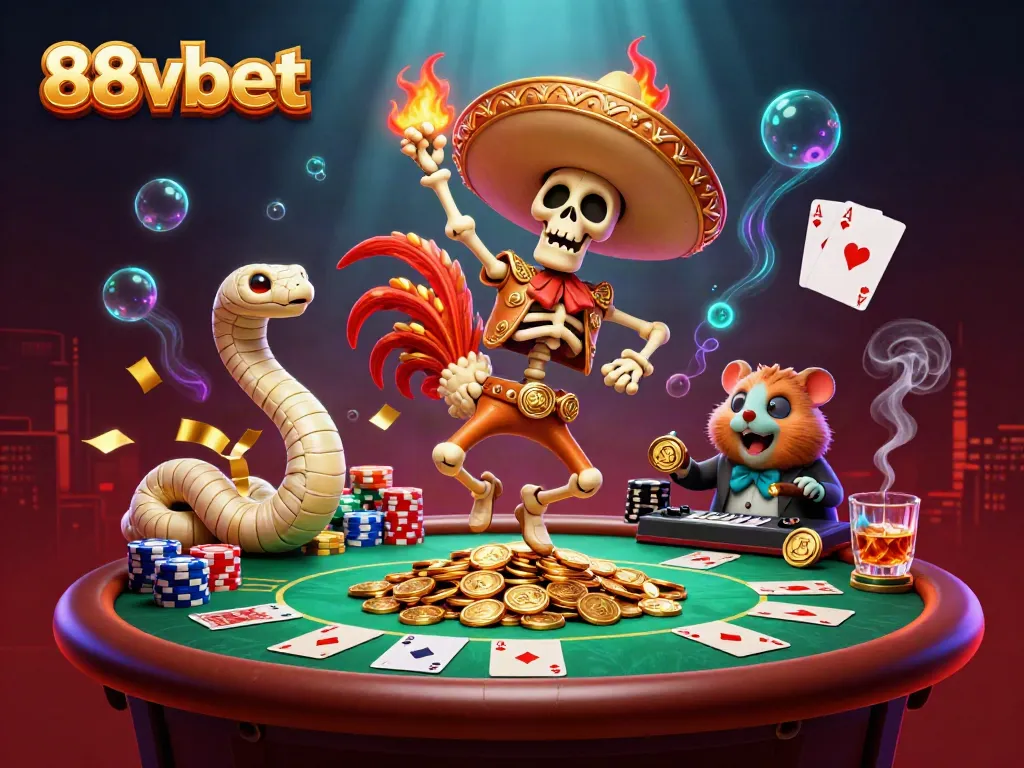 Experience the exhilarating world of 88vbet with a vibrant 3D scene featuring dancing characters, poker elements, and gold coins.