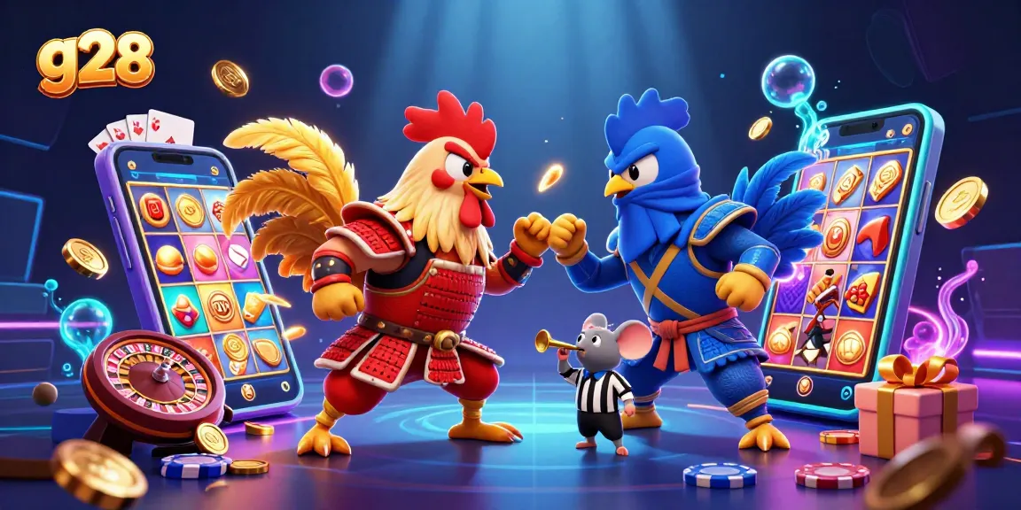 G28 casino illustration featuring dynamic cartoon roosters in a dramatic standoff with gaming elements cascading around