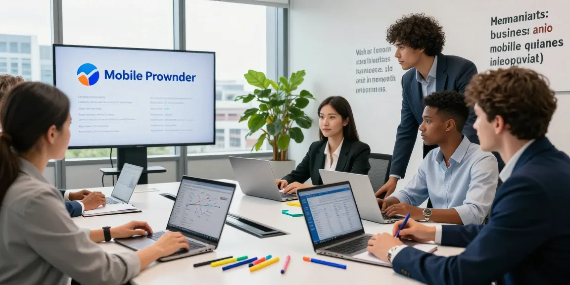 Collaborative business team discussing the best business mobile providers UK in a modern office.