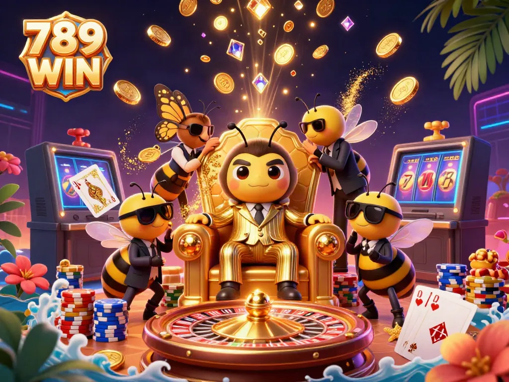 Engage in thrilling gameplay with 789 WIN as golden coins and vibrant casino elements surround a bumblebee mob boss