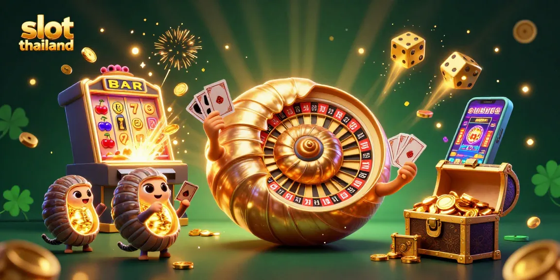 Mengatur hadiah jackpot dalam slot thailand dengan nautilus raksasa dan mesin slot yang mengeluarkan koin berkilau.
