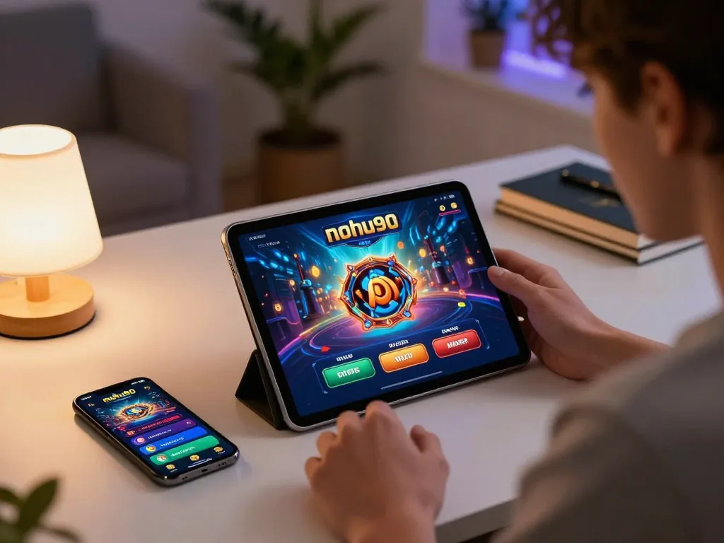 Nohu90 user immersed in online gaming on a tablet, showcasing vibrant casino graphics in a cozy setup.