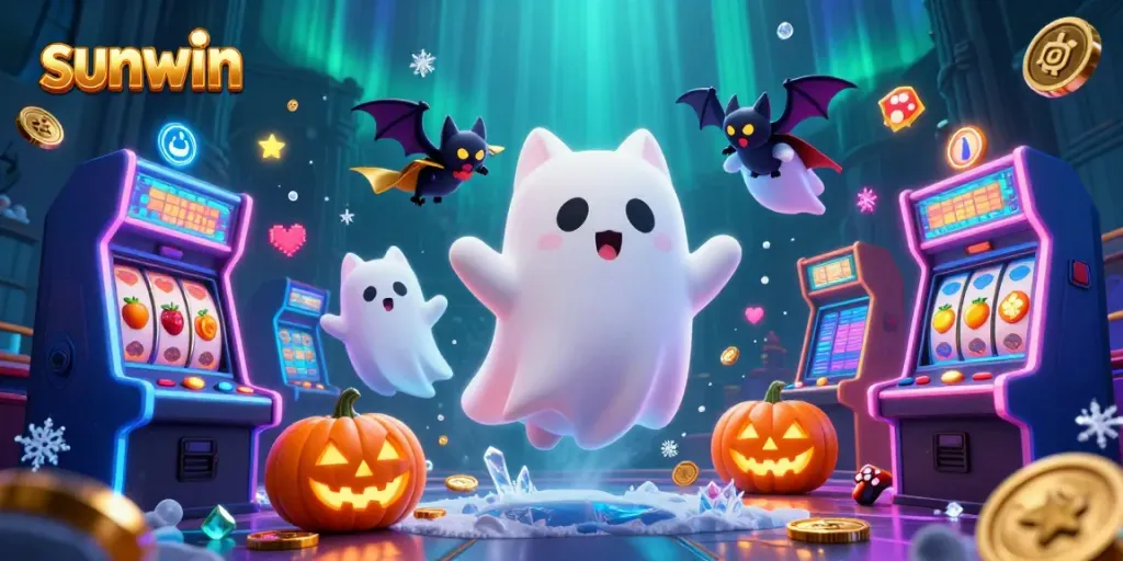 Experience exhilarating gaming action with sunwin in a vivid casino scene featuring ghost cat and bat companions.