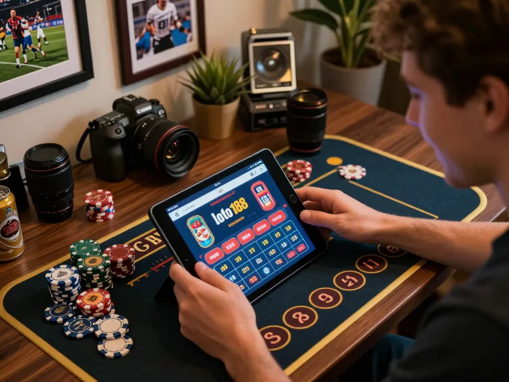 Engaging with loto188's online casino app during a strategic betting session at home