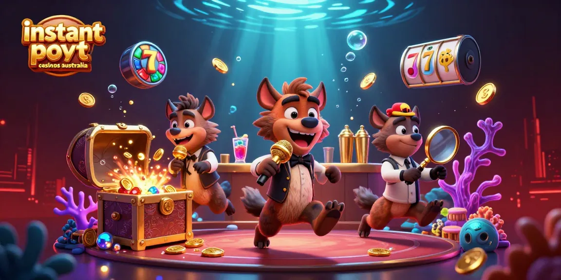 Experience instant payout casinos Australia with a vibrant 3D scene filled with hyenas and gaming elements.
