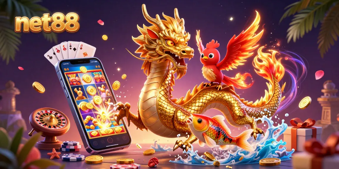 Spin to win with net88 in this vibrant casino adventure featuring dragons and coins.