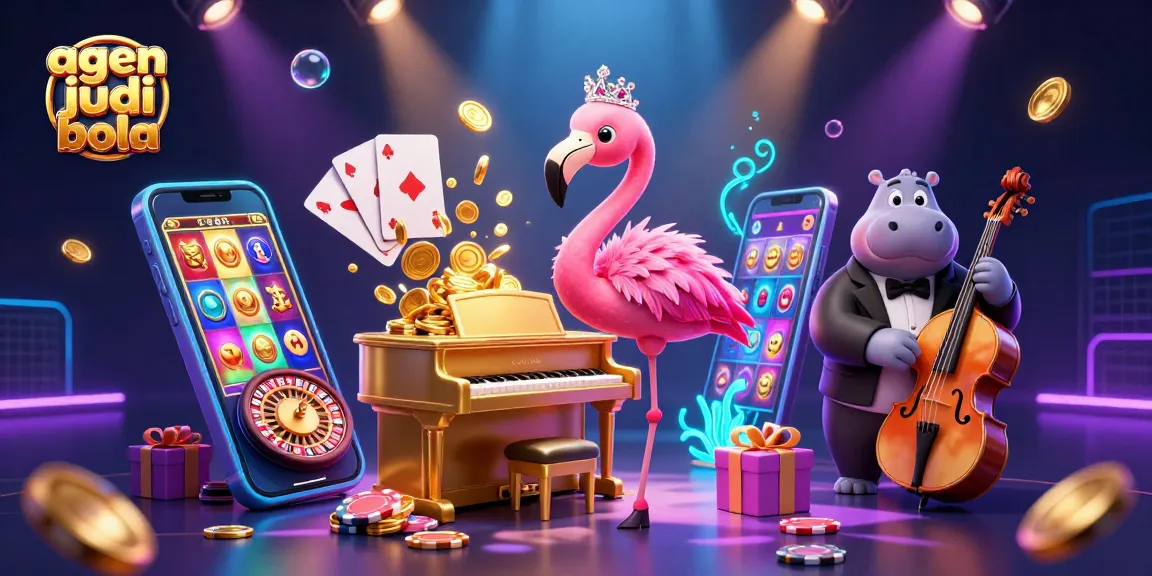 A scene showcasing agen judi bola with a stylish lounge singer flamingo and hippo bassist creating a vibrant casino atmosphere.