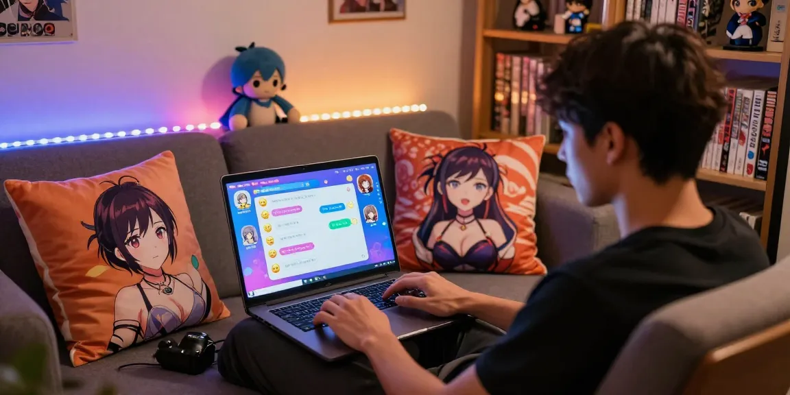 Immersive AI hentai chat scene featuring a user engaging with vibrant animated characters in a cozy setting.