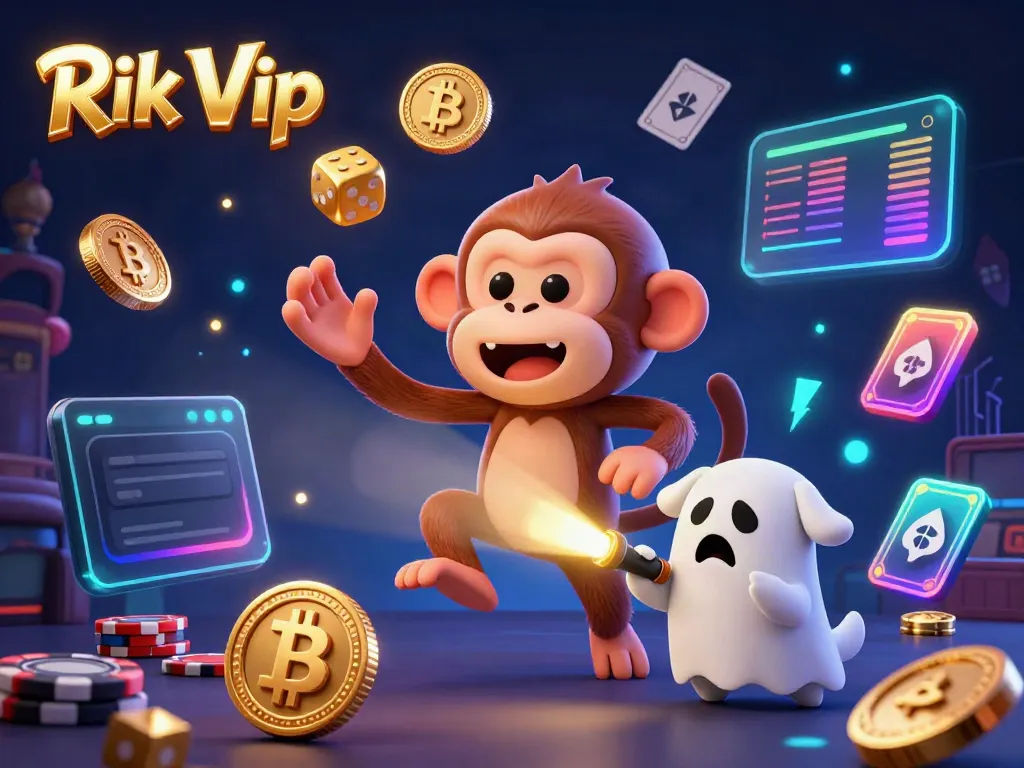 Engage with the thrilling world of Rik Vip, where a playful poltergeist monkey and ghost-hunter puppy navigate a vibrant haunted casino.