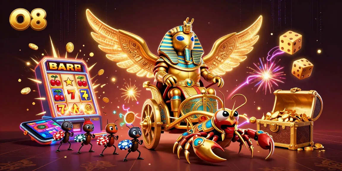 Win big with O8 in this dynamic casino scene featuring golden scarabs and exciting slot action.