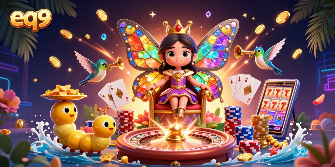 Experience the vibrant dynamics of eq9 casino with animated characters amidst cascading golden coins and colorful game elements.