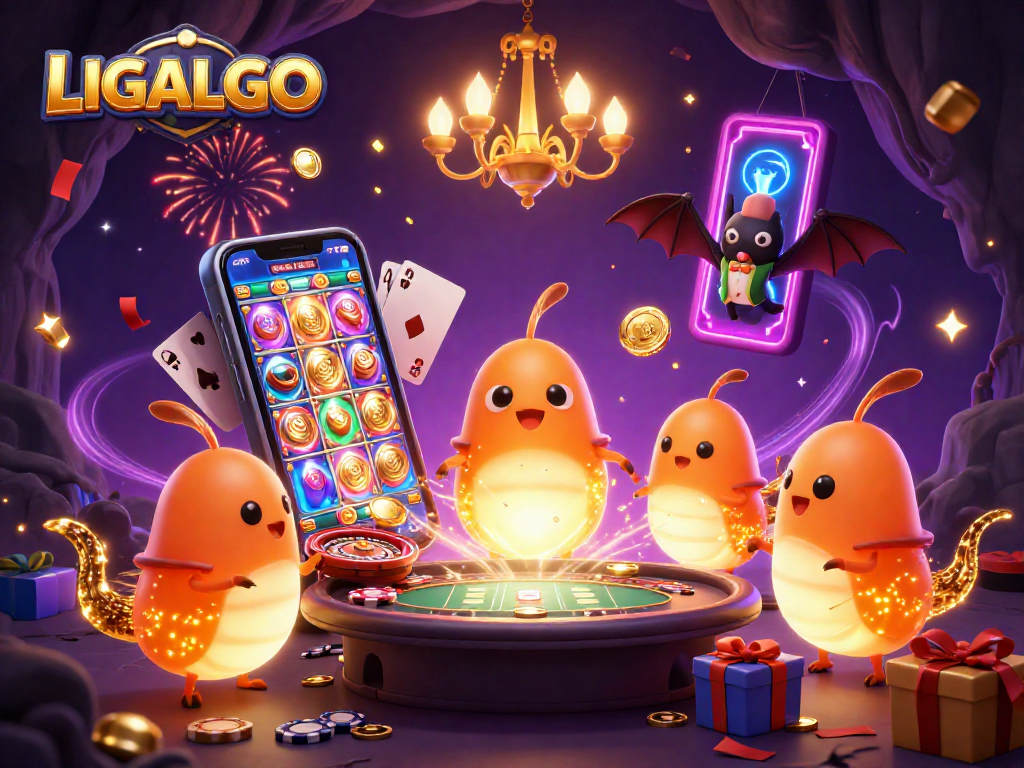 LIGALGO's vibrant 3D casino illustration showcasing a glowworm team in a cave casino, vibrant and engaging gambling elements.