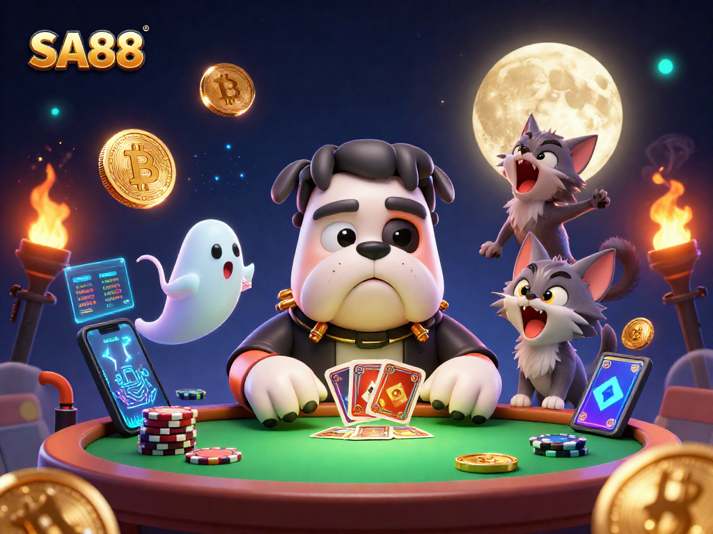SA88 casino scene with a spooky bulldog dealing cards amidst crypto coins and vibrant game elements.