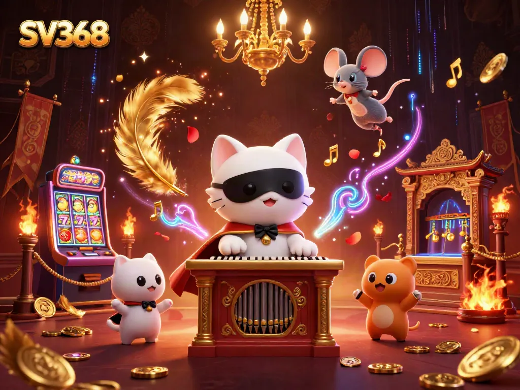 Experience the excitement of gambling with SV368's vibrant casino scene featuring games and whimsical characters.