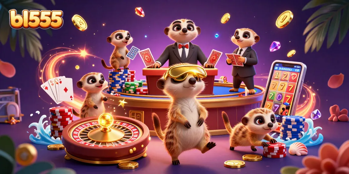 Experience the dynamic excitement of bl555 with cartoon meerkats managing a vibrant casino filled with classic games and treasures.
