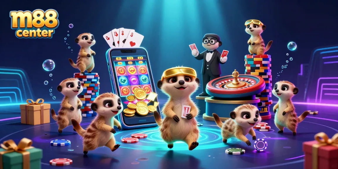 Engage in thrilling casino games at m88 center with cartoon meerkats running the operation, showcasing vibrant dynamics.