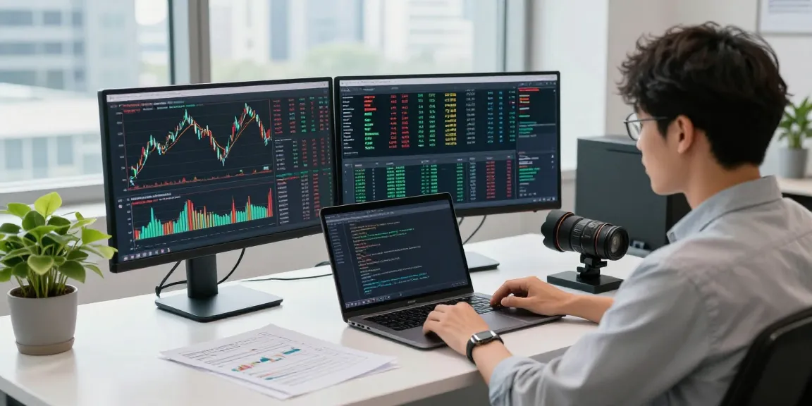 Developer using Japan stock real-time API in a dynamic workspace with multiple monitors displaying stock data