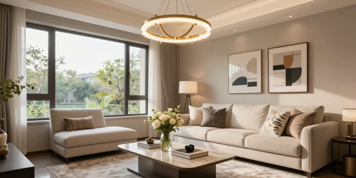 Candelabre led elegante în living, iluminând un spațiu modern cu atmosferă confortabilă.